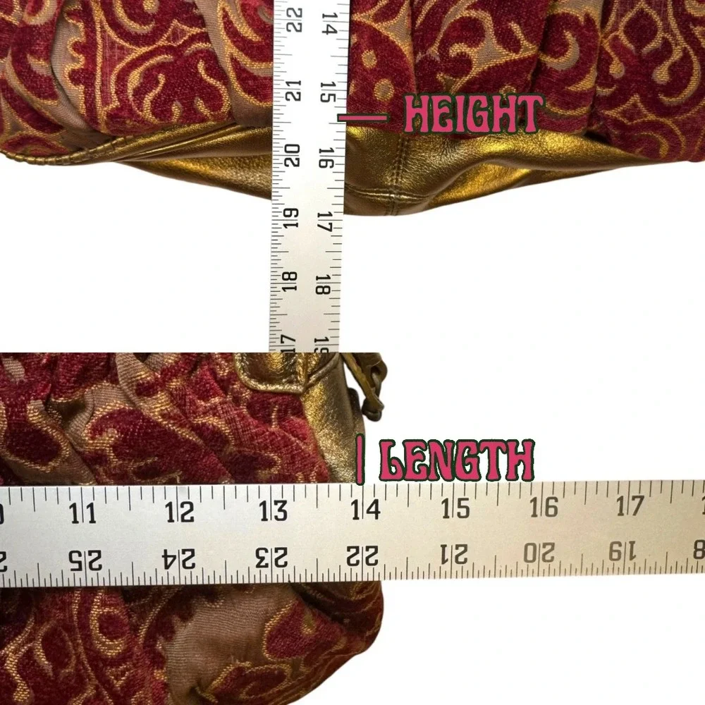 Isabella Fiore Satchel Gold Red Metallic Leather Velvet Damask Boho Handbag